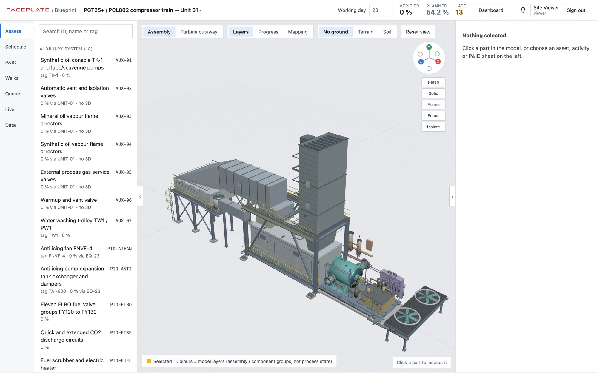 FP Blueprint showing the 3D model of a PGT25+ gas turbine and PCL802 compressor train next to its asset list