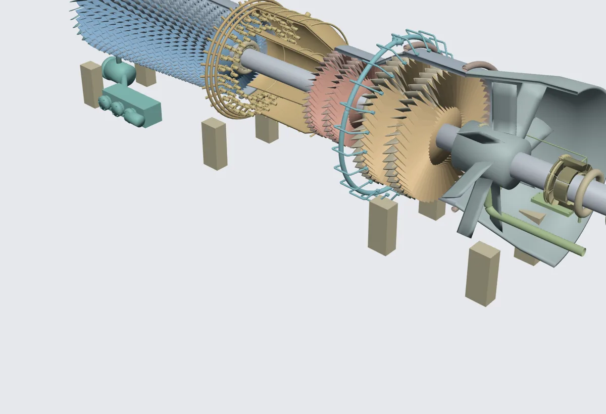 Cutaway of the gas turbine in FP Blueprint showing compressor stages, combustor and power turbine