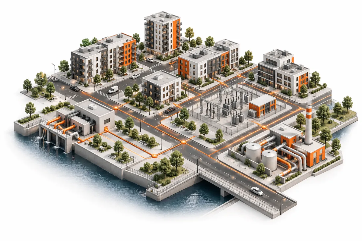 Isometric model of a city district with its power substation, pumping station, district heating plant and roads